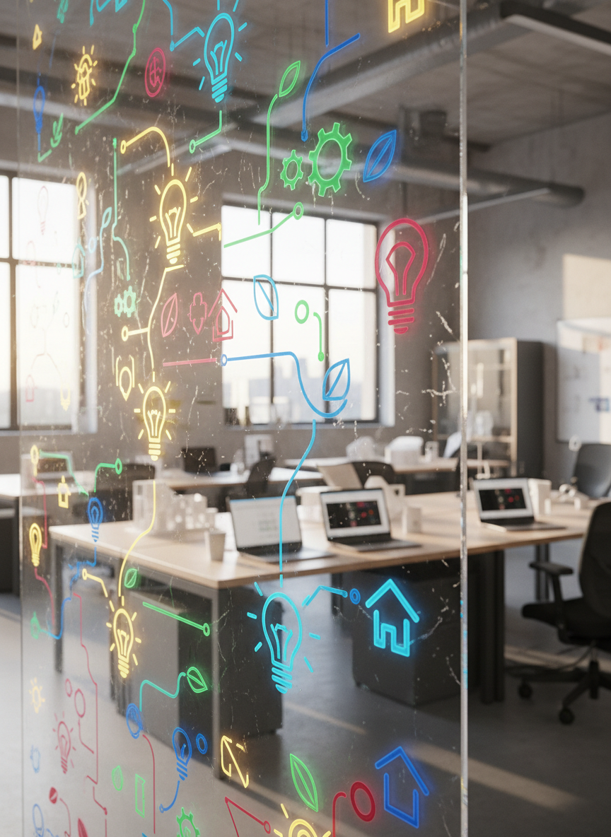 A large transparent acrylic board fills the foreground, covered with colorful abstract icons and connecting lines that symbolize social innovation projects: lightbulbs, gears, leaves, and simple house shapes, all rendered as clean, graphic drawings. Behind the board, an airy innovation lab with modular wooden desks, laptops, and 3D-printed prototypes sits in soft focus. Warm afternoon sunlight streams through high windows, creating luminous reflections on the acrylic surface and a subtle glow around the icons. Photographic realism with a slightly angled perspective, focusing sharply on the board while the background gently blurs. The atmosphere feels dynamic and forward-looking, evoking experimentation, co-creation and impactful solutions emerging from research and collaboration in a professional, social innovation incubator.