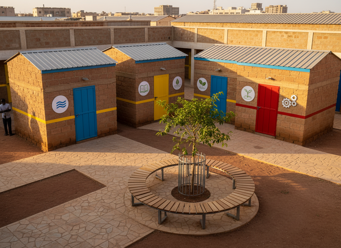 A sunlit courtyard in a Sahelian-inspired urban neighborhood, viewed in photographic realism, where the central focus is a cluster of small, modular kiosks made from earth-toned bricks, corrugated metal roofs and bright accent colors. Each kiosk bears abstract, non-text symbols representing social services, entrepreneurship and training—simple icons of water, books, seedlings, and gears. The ground is a mix of compacted earth and patterned stone, with neatly arranged benches forming a circle around a young tree protected by a simple metal guard. Late-afternoon golden light creates long, soft shadows and warm highlights on the textured walls. Shot from a slightly elevated angle, the composition emphasizes community-scale innovation, local economic activity and shared public space designed for inclusive development.