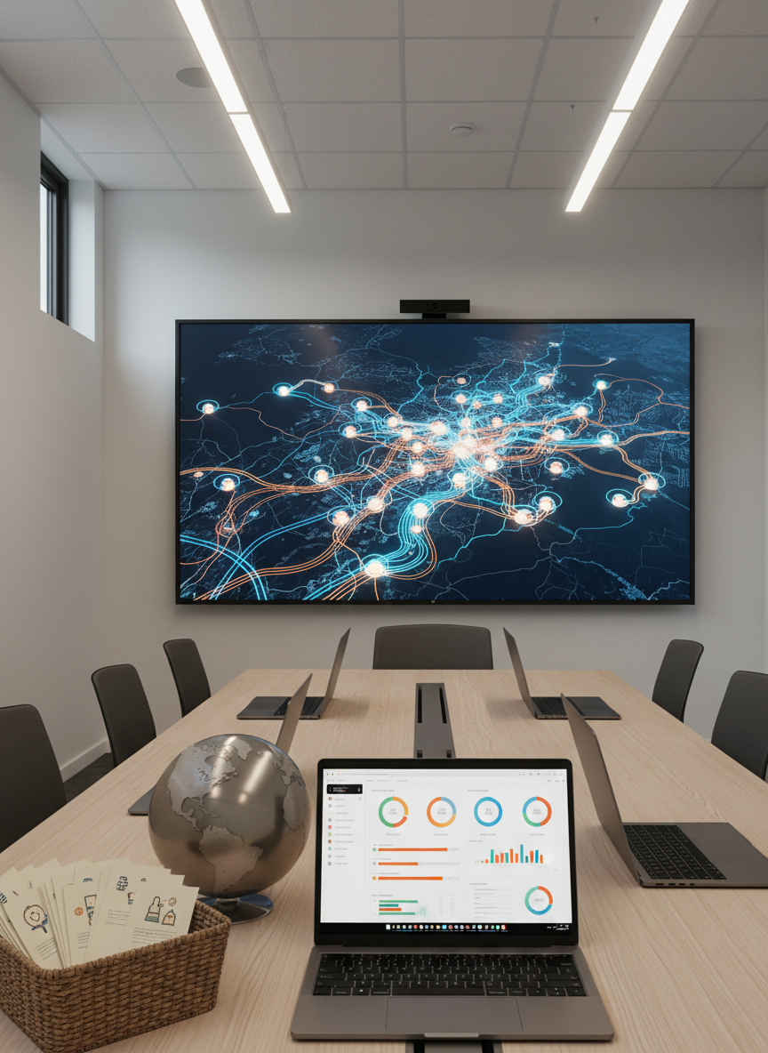 Inside a minimalist meeting room, a large digital wall screen displays a stylized map of a region with illuminated nodes connected by flowing lines, symbolizing diaspora engagement in local projects. On the table in front, several open laptops show project dashboards with icon-based indicators, while a small globe made of brushed metal and a traditional woven basket filled with printed project cards sit side by side. Cool, even LED lighting from the ceiling blends with faint daylight from a high window, creating a balanced, professional ambience. Photographic realism at a medium-wide, eye-level angle with clear depth of field. The mood is strategic and globally connected, highlighting how distant communities support local social entrepreneurship and territorial development.