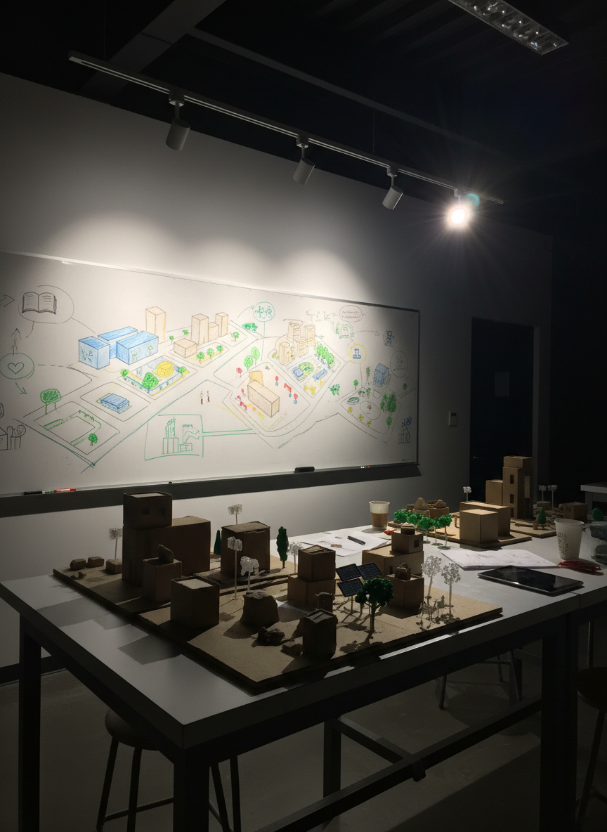 A photographic nighttime scene inside a modern yet modestly equipped innovation lab, where the central subject is a long whiteboard wall illuminated by adjustable spotlights. The board features carefully drawn, color-coded diagrams of an inclusive urban project: stylized buildings, pathways, public spaces and icons for education, health and green areas, all rendered without text. On a nearby high table, a row of small architectural maquettes made from cardboard, clay and recycled plastic shows evolving versions of the project. The lab’s ambient lighting is low, with the whiteboard and models glowing under focused light, creating dramatic contrasts and crisp shadows. Shot from a low angle, the mood is intense and committed, evoking late-night co-design sessions to improve local living conditions through social innovation.