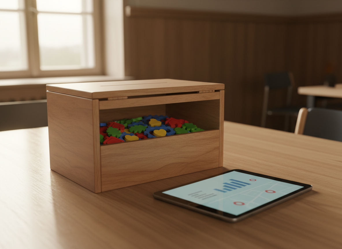 A symbolic representation of engaged citizenship: a sturdy wooden ballot-style box without any text or logos sits on a smooth table, its lid open to reveal a mix of colorful, icon-shaped tokens—houses, leaves, gears, heart symbols—representing community priorities. Beside it lies a tablet showing a minimalist interface with abstract bar charts and location markers, suggesting participatory digital tools. Natural window light from the left casts soft highlights on the box’s grain and mild shadows to the right. Photographic realism at eye level with a shallow depth of field, keeping the box and tokens sharply in focus while the neutral background of a community hall gently blurs. The mood is empowering and serious, hinting at structured participation and informed local decision-making.