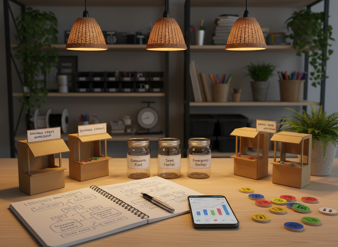 A compact but vibrant local innovation workshop: in the foreground, an open notebook with neatly sketched diagrams of a small-scale social enterprise model, a pen resting across the page, and a smartphone displaying a simple analytics dashboard. Around it, prototypes made from accessible materials—cardboard mock-ups of kiosks, labeled glass jars for micro-savings, and hand-painted wooden tokens representing community members—are laid out on a light wooden table. Warm pendant lighting from above creates focused pools of light and gentle shadows, making textures and details stand out. The background shows shelves with organized materials and plants in soft blur. Photographic realism with a slightly elevated angle, conveying a mood of practical creativity, grassroots entrepreneurship and tangible progress.