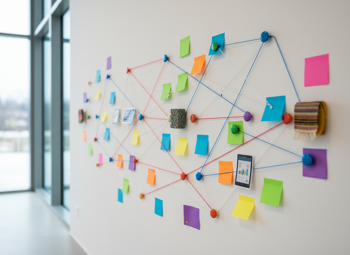 A clean white wall in a modern community hub is filled with a meticulously arranged constellation of colorful sticky notes, circular magnets and strings, forming a visual map of a social innovation project. Each cluster of notes surrounds a small, symbolic object: a tiny eco-friendly brick, a miniature solar panel, a handcrafted textile piece, a small tablet. Soft, diffused overcast light from large windows creates an even, shadow-free illumination, highlighting the vibrant colors without glare. Captured in photographic realism at a slight side angle, the foreground notes are crisp while the edges gently blur, suggesting depth. The mood is energetic yet organized, conveying collective intelligence, local experimentation and the careful design of community-centered solutions.