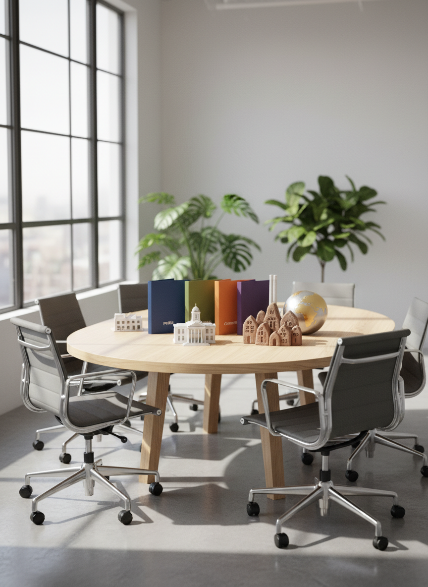 A sleek circular table made of light natural wood stands at the center of a bright co-working space, its surface covered with neatly arranged symbolic objects representing public, private, community and diaspora partners: four distinct colored folders, a small model of a municipal building, a miniature factory, a stylized village sculpture and a globe. Around the table, modern ergonomic chairs sit slightly pushed back, emphasizing recent collaboration. Soft daylight pours through large windows, creating gentle reflections on a polished concrete floor and subtle shadows under the table. Photographic realism at eye level, with a shallow depth of field that blurs the contemporary, minimalist background of white walls and greenery. The mood is professional yet hopeful, suggesting inclusive innovation and structured partnership for local development.