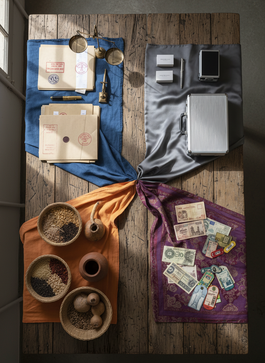 An overhead photographic view of a large rectangular table built from reclaimed wood, divided visually into four distinct zones using colored fabric runners and symbolic objects: one side with official-looking stamped folders and a small bronze scale for public sector, another with sleek business cards and a metal briefcase for private, a third with woven baskets, seeds and a clay water pot for local communities, and a fourth with international currency, postcards and travel tags for diaspora. Natural daylight from a nearby window casts soft, diagonal shadows, emphasizing textures. The composition is carefully ordered yet organic, creating a sense of balanced, multi-actor partnership. The overall mood is structured, inclusive and pragmatic, reflecting the Public–Privé–Population–Diaspora collaboration model.