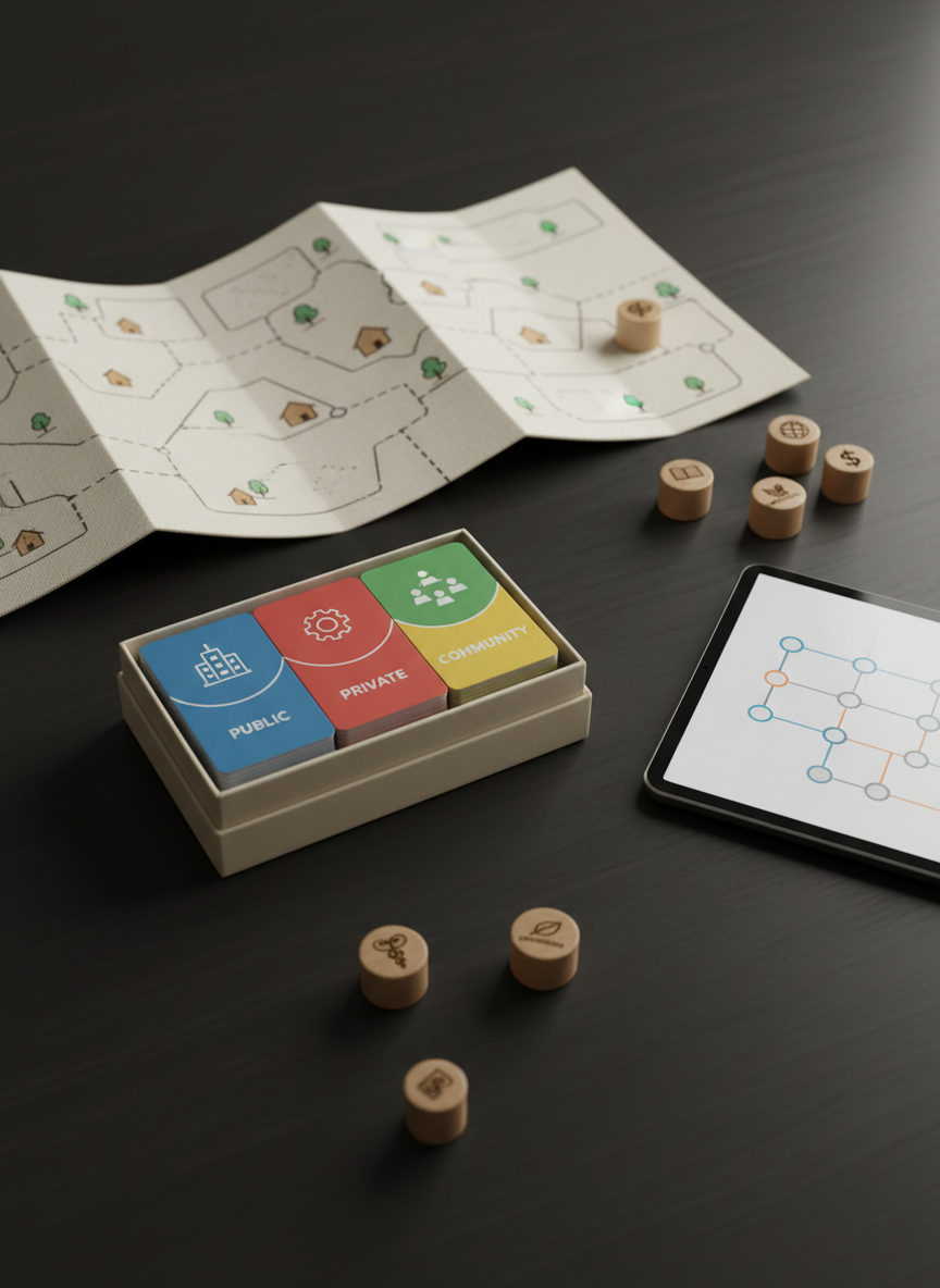 A close-up, photographic view of a prototype social innovation toolkit laid out on a dark, matte-finished table: a neatly boxed set of color-coded cards with symbols for public, private, community and diaspora actors; a foldable canvas map marked with abstract neighborhoods; and small wooden tokens engraved with simple icons for health, education, environment and economy. A slim digital tablet to the side displays a schematic project timeline made of clean shapes and dots. Soft studio lighting from two sides creates delicate highlights on edges and clear, gentle shadows that define each object. The composition uses the rule of thirds, keeping the central toolkit sharply focused while the tablet and edges subtly blur. The atmosphere is methodical and empowering, suggesting structured support for emerging social entrepreneurs.